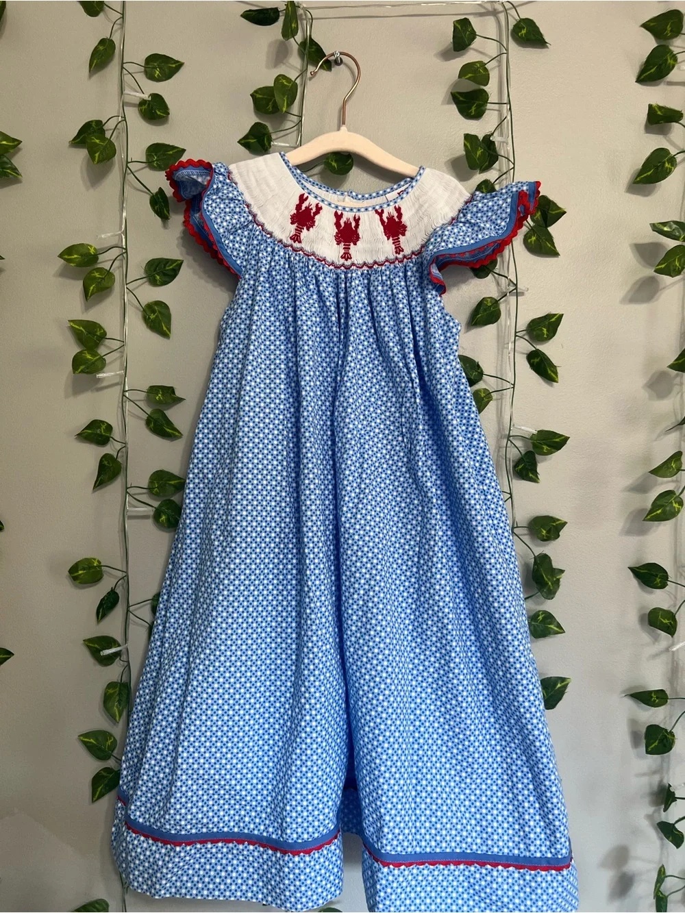 Blue Smocked Nightgown for Girls with Red Embroidery